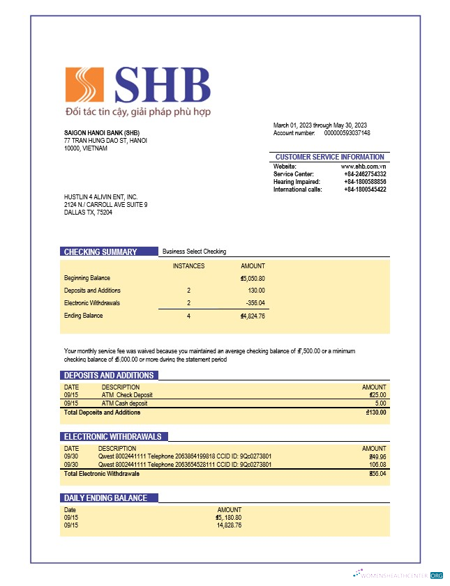 Download Saigon Hanoi Bank (SHB) organization account statement Word and PDF template Photoshop template